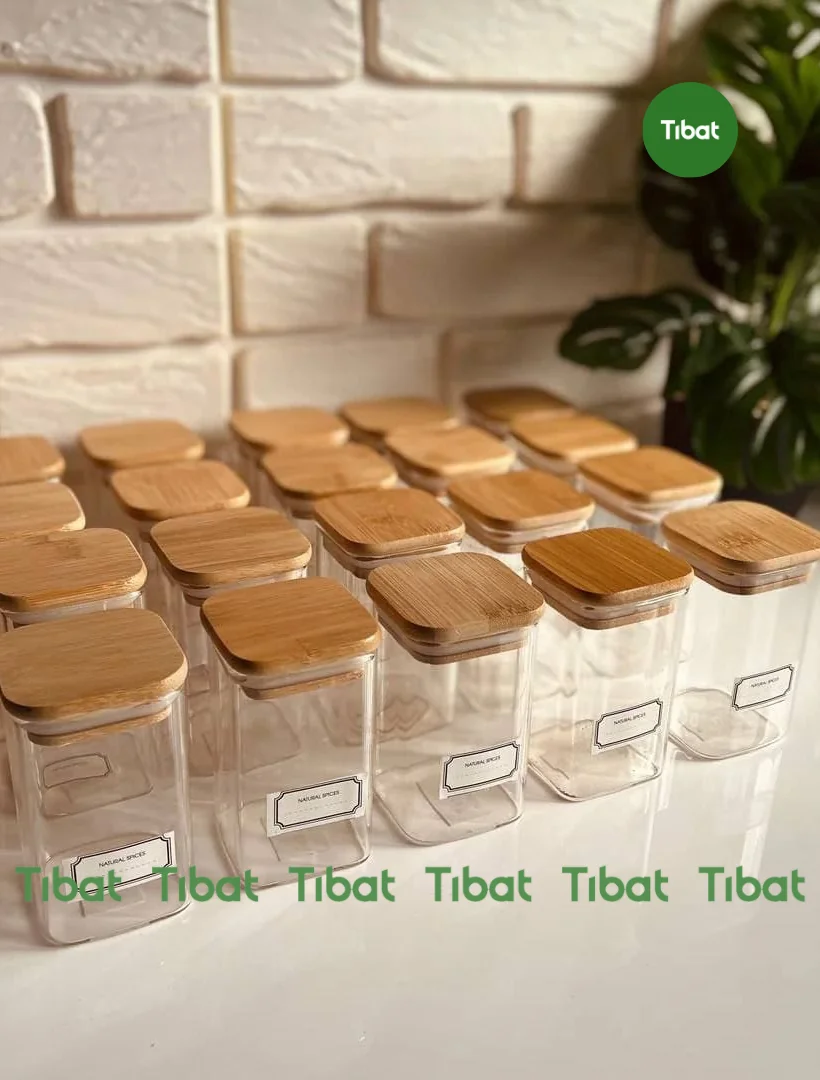 برطمان توابل زجاج بغطاء خشبي